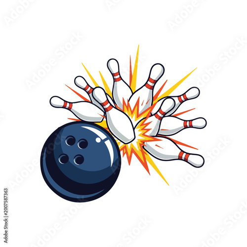 Bowling Strike Action with Ball and Scattering Pins Vector Illustration