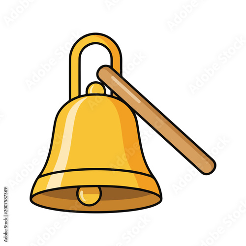 Golden School Bell with Wooden Mallet Vector Illustration