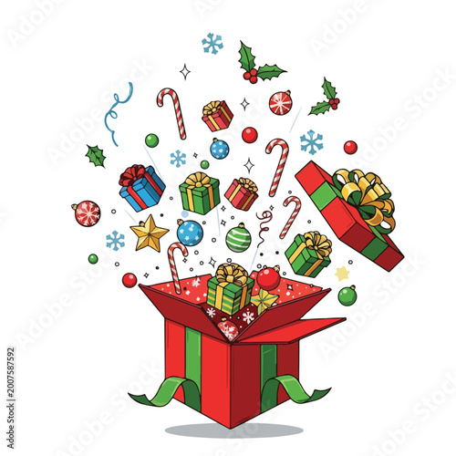 Christmas Gifts and Decorations Emerging from Box.