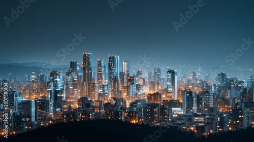 Dramatic night skyline of a modern city showcasing bright lights and skyscrapers.