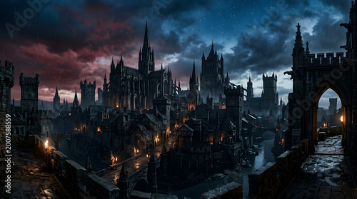 Atmospheric gothic medieval city at night with majestic cathedral