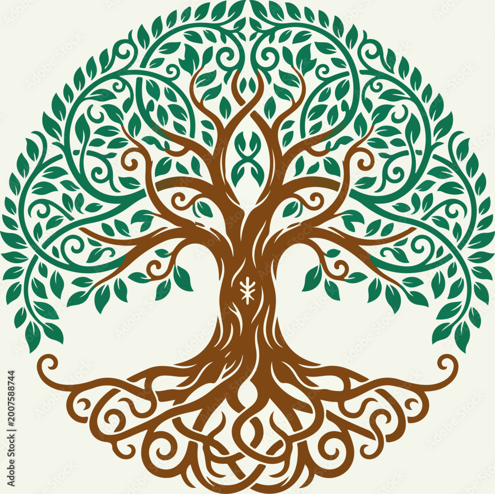 Obraz premium Circular Tree of Life with Intricate Roots and Green Foliage.
