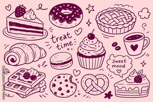 Dessert treats set pink doodle pattern vector