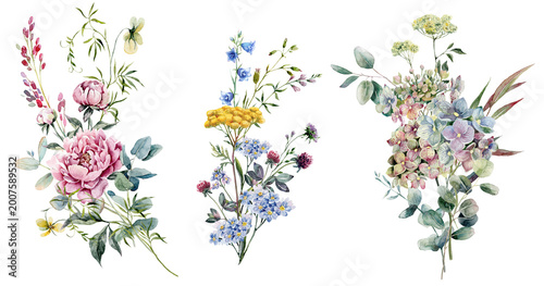 Konstfotografi An elegant trio of watercolor floral bouquet illustrations