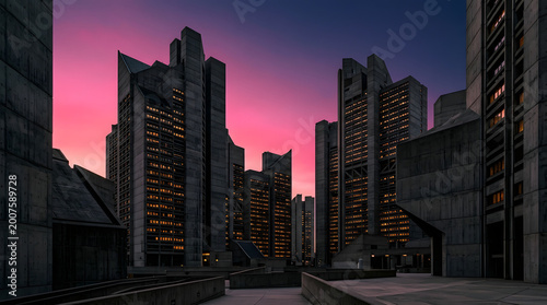 Brutalist concrete skyscrapers under a vibrant pink sunset sky