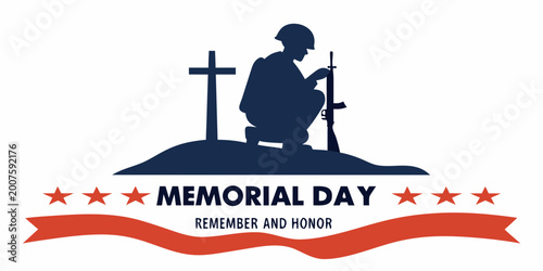 Fotografie Memorial day silhouette with soldier kneeling by cross and stars