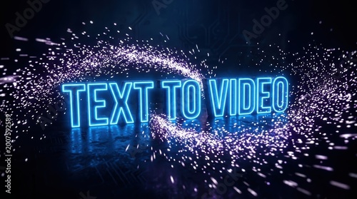 3D neon text to video concept representing artificial intelligence and generative digital content creation.