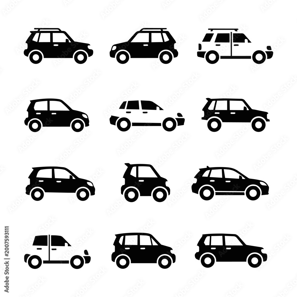 Obraz premium Overhead view of stylized black and white car and suv silhouettes arranged in a minimalist grid pattern on a white background, transport design concept