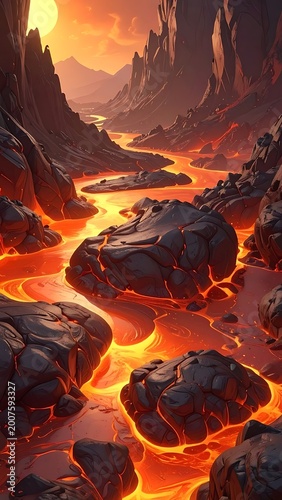 A vibrant, fiery landscape with molten lava flowing