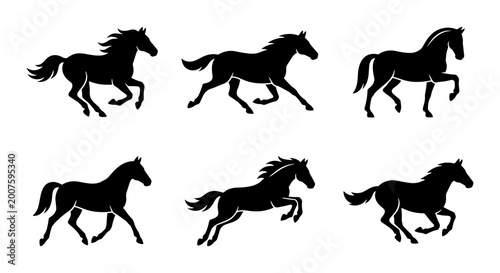 Billede på lærred Black and white running horse silhouettes vector art pack of six horses in motio