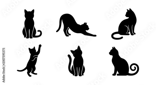 Canvastavla Six Black Cat Silhouettes, Feline Poses Vector Set, Domestic Pet Icons for Desig