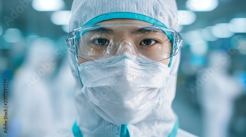 A focused healthcare worker in protective gear, symbolizing dedication and safety in the medical field
