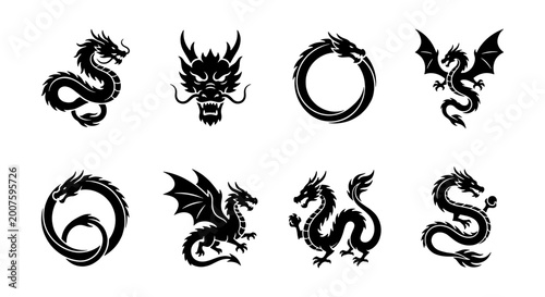 dragon set silhouette icons black outline vector graphic design elements