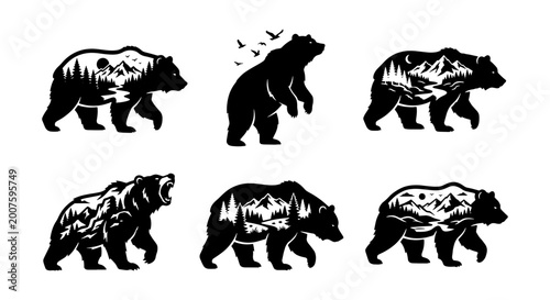 Bear Silhouette Vector Icons, Wildlife Nature Scenes, Mountain Landscapes, Forest Elements, Animal Graphics, Outdoor Adventure Themes