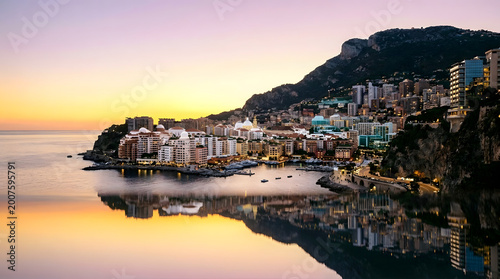 Panoramic view of Monaco coastal city at golden sunset