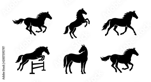 Fotografie Six Silhouette Horse Vector Icons, Galloping and Jumping Equine Poses, Black Ani
