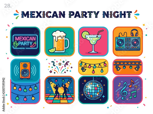 Vibrant illustration of Mexican Fiesta night with traditional elements like tacos, margarita, mariachi, and music, perfect for festive invitations and decorations