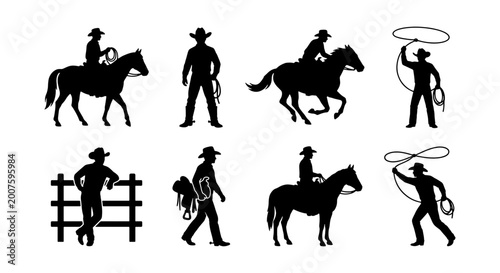 Cowboy Silhouette Collection, Western Rodeo Rider Icons, Equestrian Cowboy Vector Graphics, Rural American Lifestyle