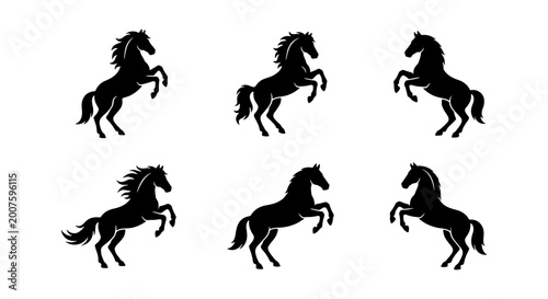 Foto Six Black Horse Silhouettes, Majestic Equine Poses, Dynamic Animal Vector Graphi