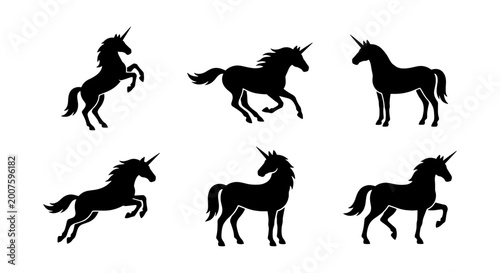 Fotografie Set of Six Black Unicorn Silhouettes, Mythical Horse Vector Icons, Fantasy Creat