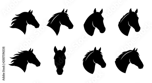 Set of 8 Horse Head Silhouettes, Equestrian Vector Icons, Animal Profile Graphics, Majestic Equine Head Illustrations, Black and White Horse Art