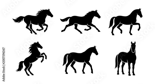 Foto Six Silhouette Horse Vector Icons, Galloping and Standing Equine Poses, Black An