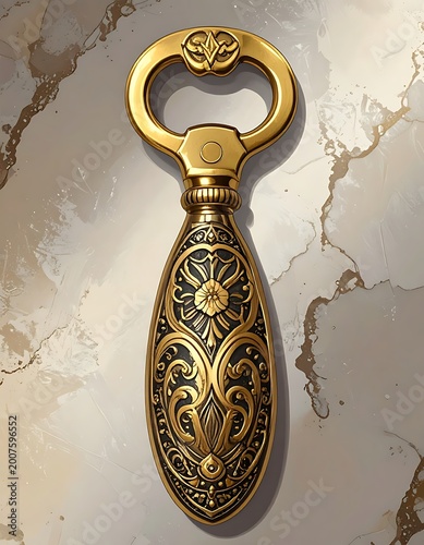 A vintage-style gold bottle opener on a marble surface
