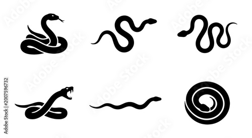 Set of 6 Black Snake Icons, Serpent Vector Graphics, Reptile Silhouettes for Wildlife and Mythology Designs