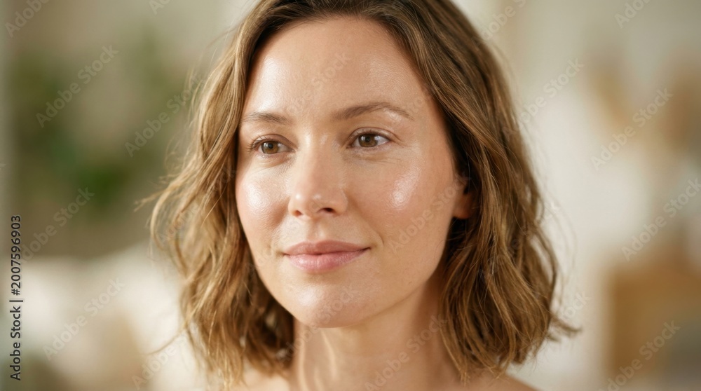 Fototapeta premium Portrait of a beautiful young woman with healthy, glowing skin and natural makeup, looking serene and confident with a gentle smile, showcasing radiant beauty and wellness.