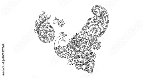 Intricate black and white paisley pattern with a peacock, ornamental design, isolated on white background