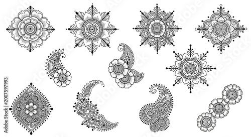 Collection of intricate henna mehndi designs, mandalas and paisley patterns on white background