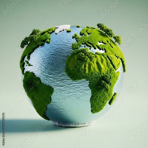 A conceptual 3d render of a lush green earth globe with metallic oceans