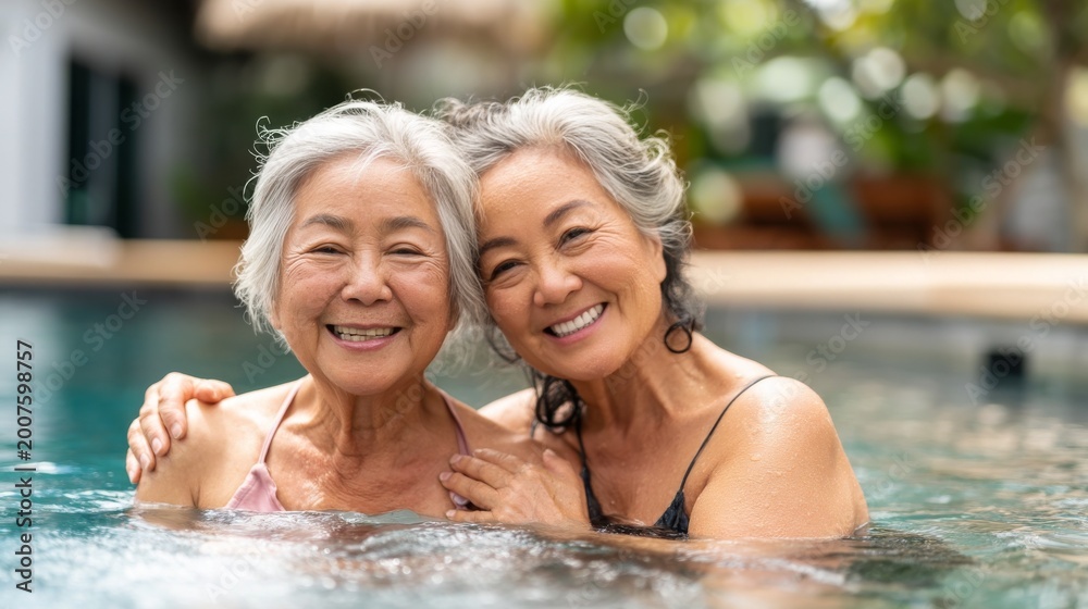 Fototapeta premium Two smiling elderly Asian women enjoying a joyful moment in a swimming pool.