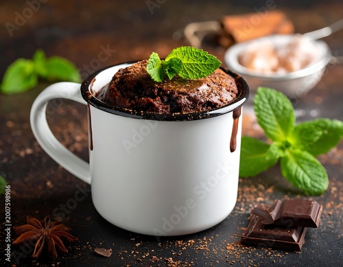 A white mug filled with chocolate dessert and garnished with mint