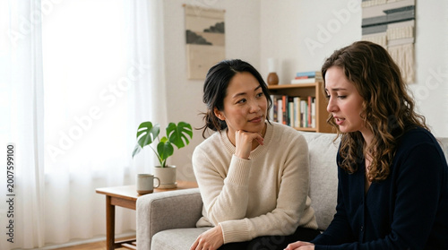 Emotional conversation between two women sitting on couch in bright living room. One woman listening attentively while the other expresses feelings in heartwarming moment of connection.