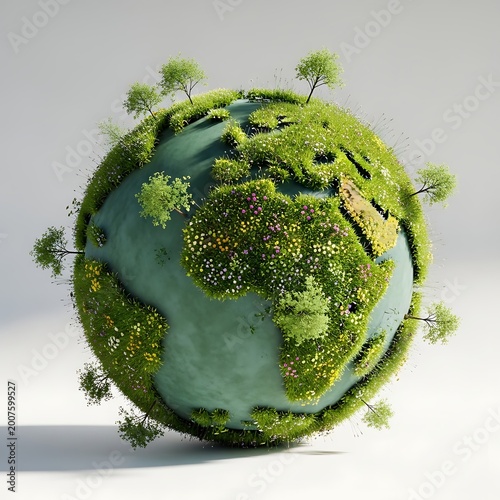 A lush, green, floral planet earth globe isolated on white background
