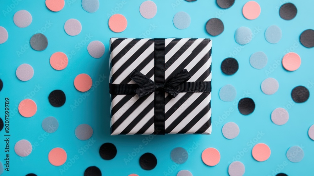 Obraz premium Festive Gift Box with Black Ribbon Surrounded by Colorful Confetti.