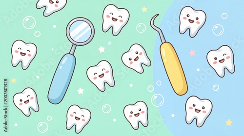 Cartoon pattern of smiling teeth, dental mirror and explorer tool. Oral health education and pediatric dentistry branding concept.