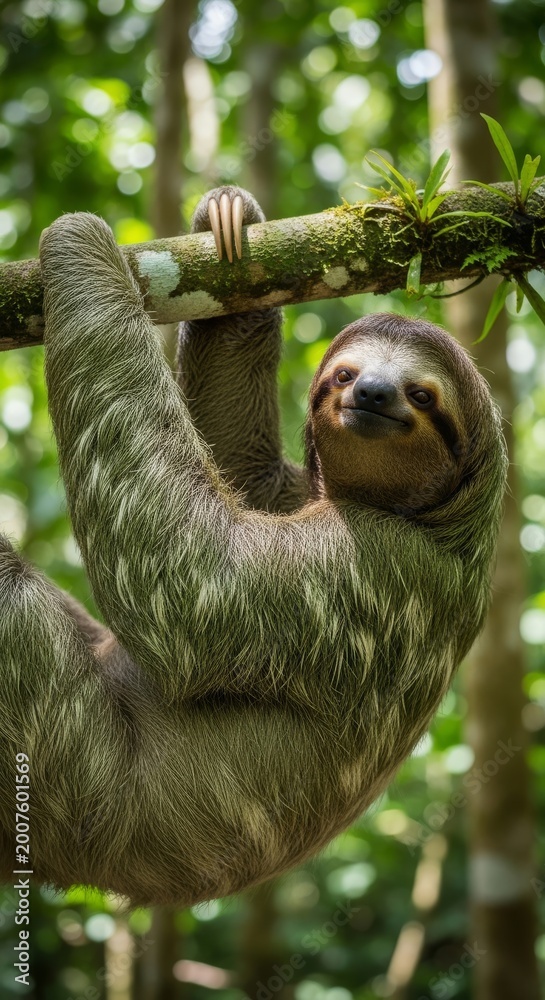 Obraz premium Gentle sloth hanging from a tree branch in a lush forest