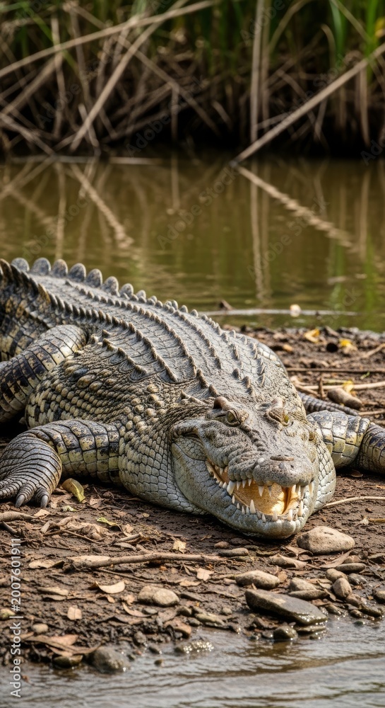 Fototapeta premium Fearsome Crocodile with Mouth Open on Riverbank
