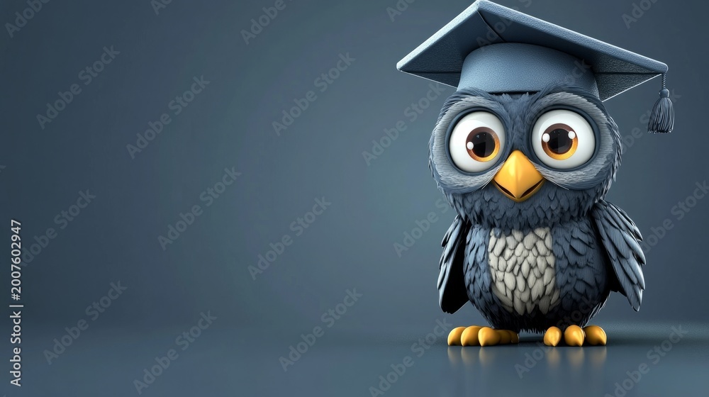 Fototapeta premium Cartoon owl wearing graduation cap for education concept, copy space