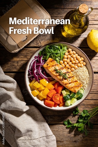 Top View of Mediterranean Healthy Lunch Bowl on Rustic Wooden Table