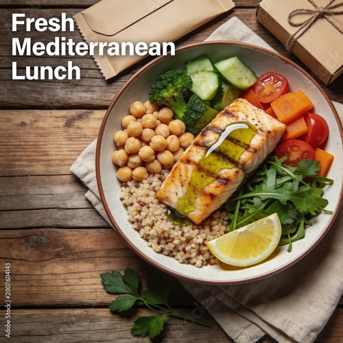 Top View of Mediterranean Healthy Lunch Bowl on Rustic Wooden Table
