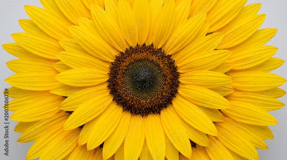 Fototapeta premium Sunflower flat lay full frame overhead vivid yellow petal circle with dark seed centre background photorealistic nature commercial background