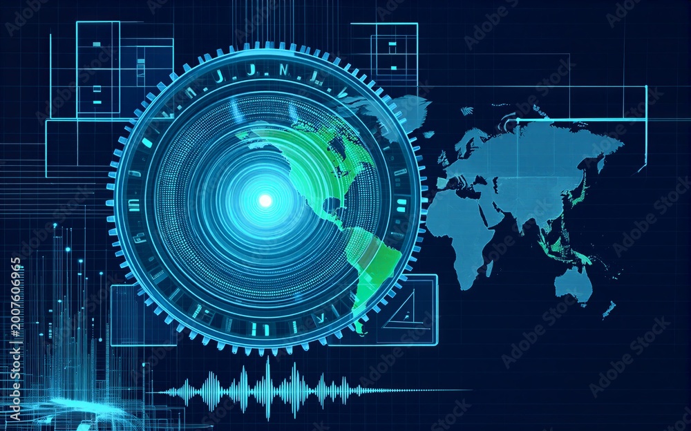 Fototapeta premium Digital globe with data analytics world map and sound waveform