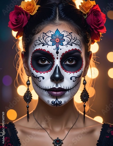 A woman with sugar skull makeup and flowers in her hair (1)
