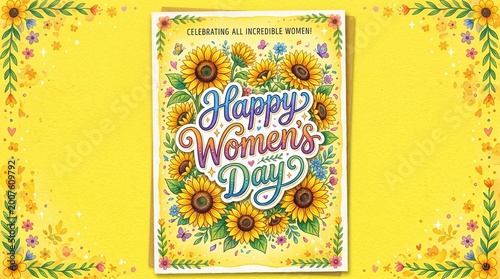 Vibrant floral illustration celebrating Women's Day with sunflowers and butterflies.