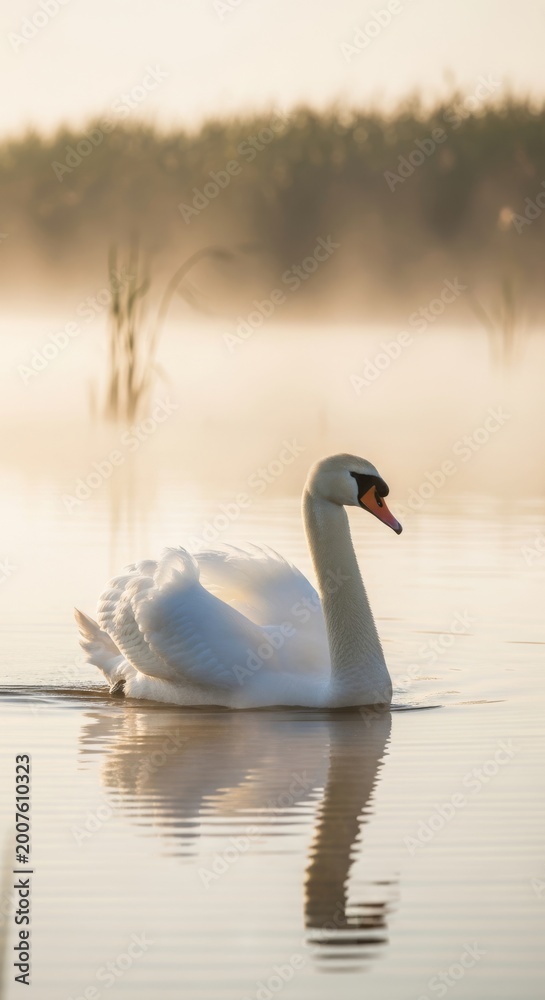 Fototapeta premium Graceful Swan Gliding on Tranquil Misty Lake