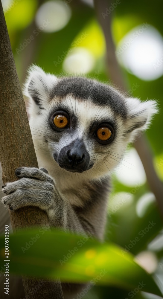 Fototapeta premium Curious Ring-Tailed Lemur Peering from Tree Branch