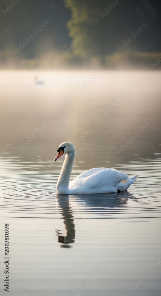 Fototapeta premium Graceful white swan gliding on a serene lake